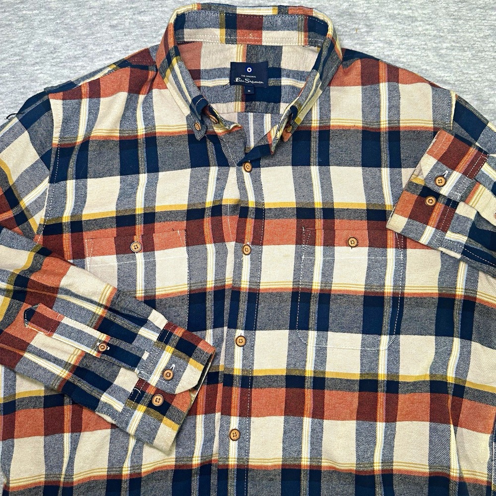 Ben Sherman Men's M Plaid Flannel Cotton Long Sleeve Button-Down Shirt Pockets